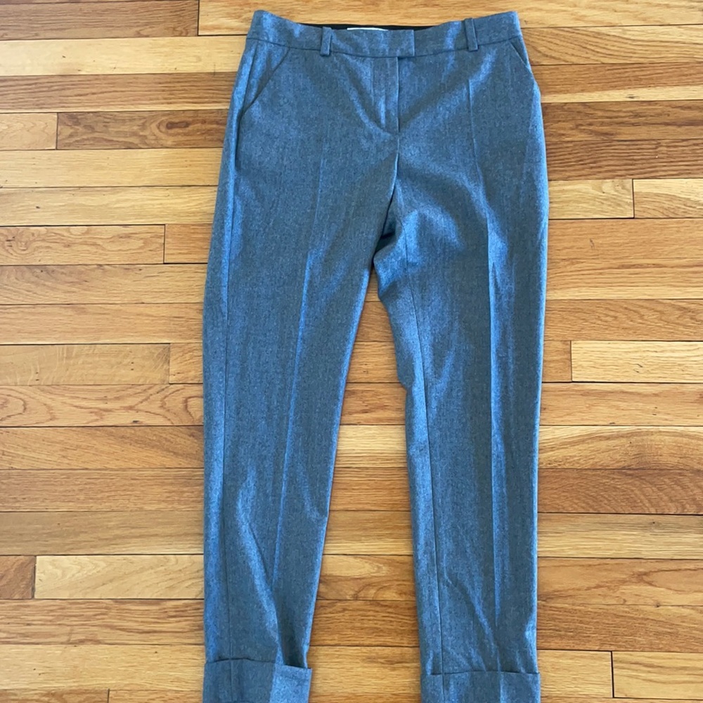 Gray wool trousers.